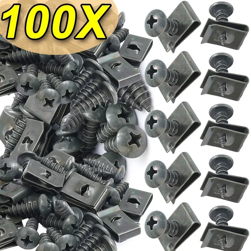 100PCS Auto Selbstschneidende Schrauben Mit U-förmigen Clip Verschluss Set Motorrad Anti-rost Schutz Befestigungen Clips schrauben Schnalle