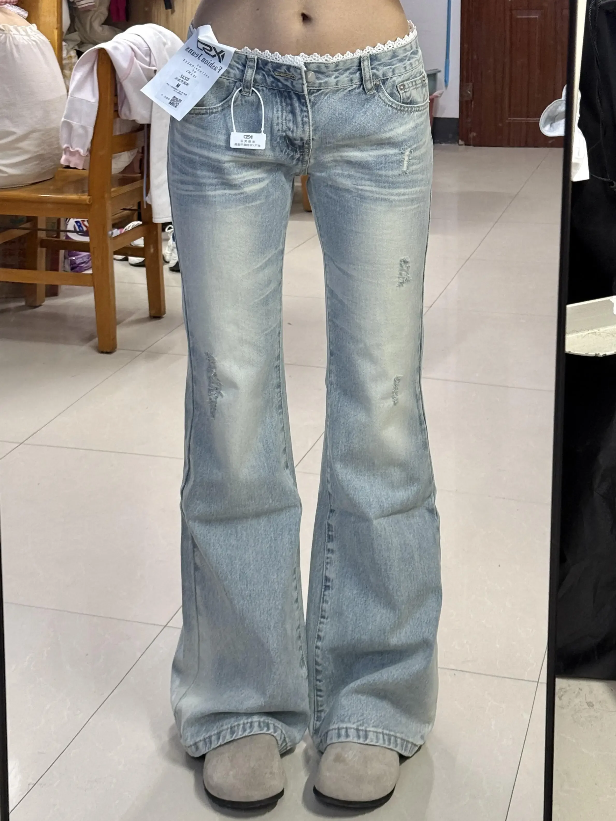 

Винтажные синие расклешенные джинсы с низкой талией и шнуровкой, женские летние тонкие брюки в пол с сексуальным дизайном, повседневные модные брюки 90-х годов