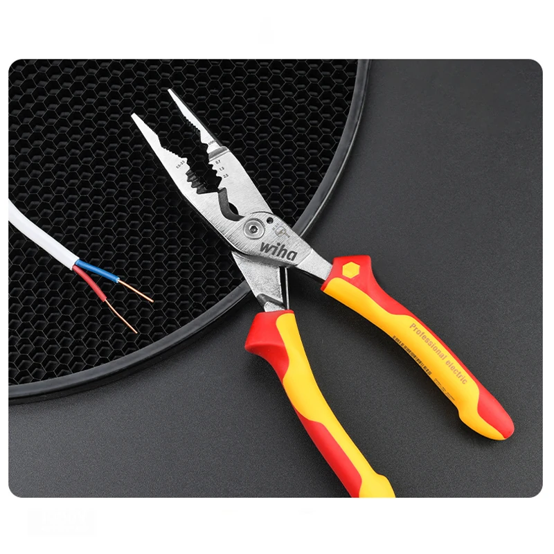 Wiha 45489 Electrician Plier 8-in-1 Multifunctional VDE-tested Insulated Wire Stripping Plier with Wide Handle Design Non-slip