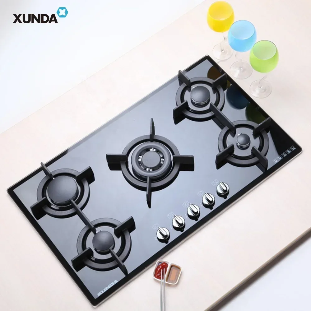 

Xunda All Black Tempered Glass 5 Burners Gas Cooktops Built-In Gas Stove Glass Top Hob