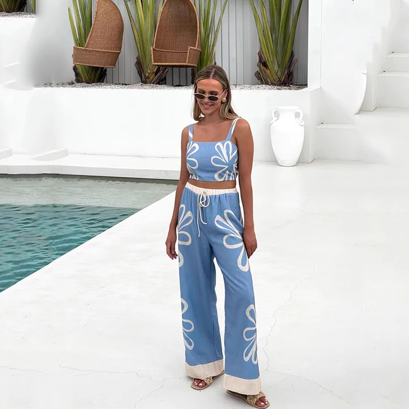 

Summer Fashion Sexy New Printed Casual Strap Top Drawstring Loose Wide Leg Pants Outfit Women's Elegant Two Pieces Pants Set