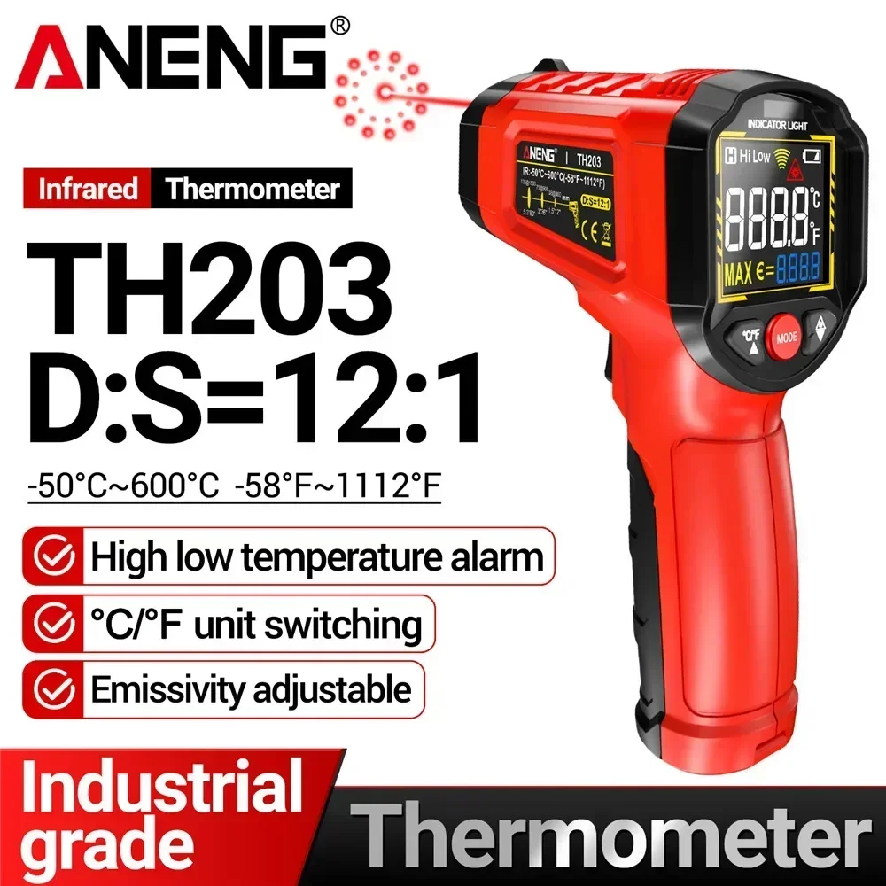 ANENG TH203 Infrared Thermometer Non-Contact -50~600℃ IndustrialTemperature Gun VA Reverse Color Screen Tester Meter Pyrometer