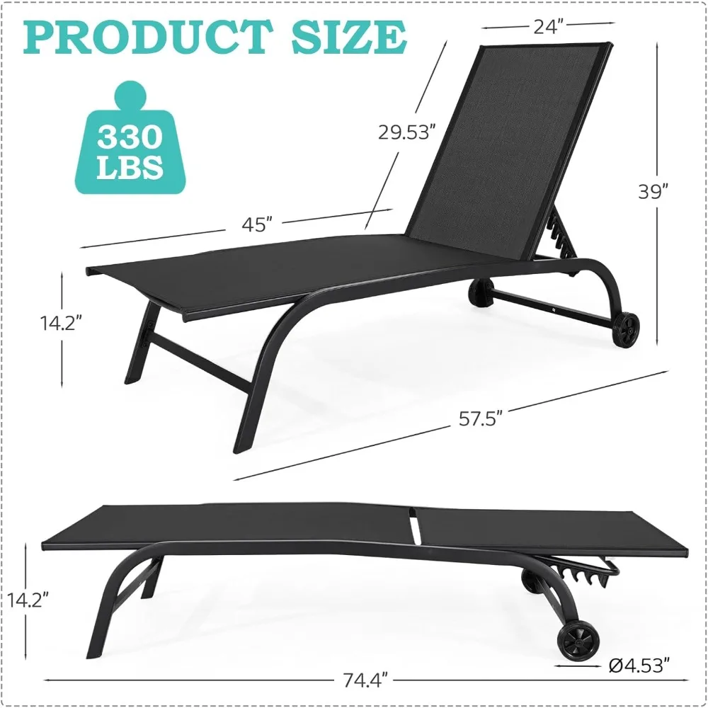 طقم كراسي صالة خارجية كبيرة الحجم مكون من قطعتين مع مسند ظهر قابل للتعديل، مقاومة للماء، بعجلات لسهولة الحركة #2