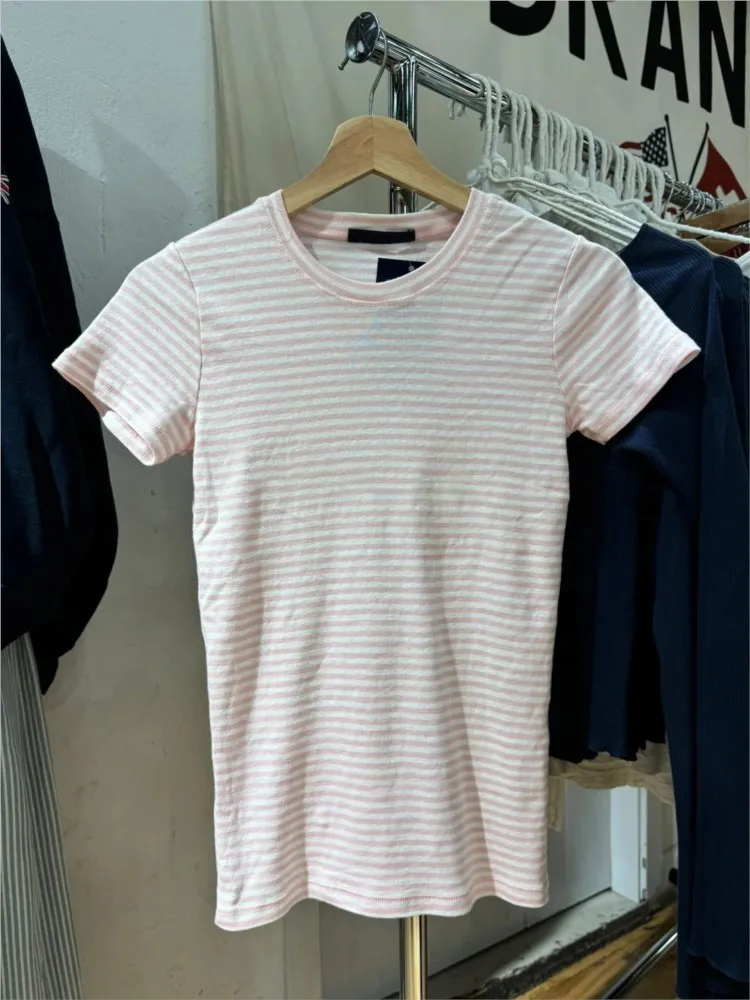 Sweet Pink Striped Short Sleeve Tees Women New Casual Slim O-neck Tshirts Tops Female Cute Preppy Style Streetwear T-shirts Y2K