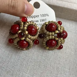 Women Red Lantern Pearl Copper Vintage Onyx Earrings 2024