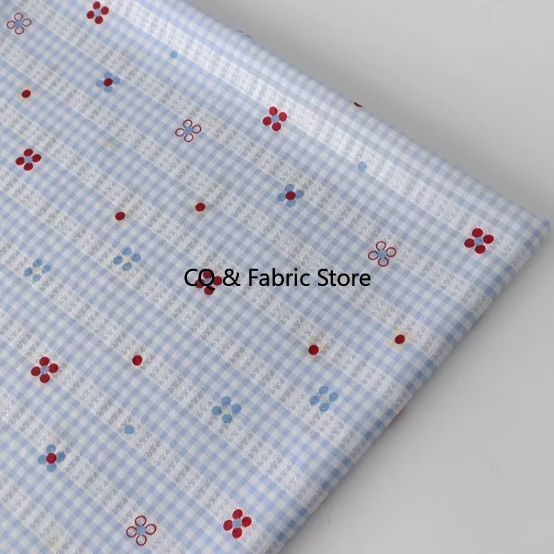 

Весенне-летняя легкая синяя клетчатая полиэфирная ткань с цветочным принтом для платья-рубашки, детская одежда по метрам