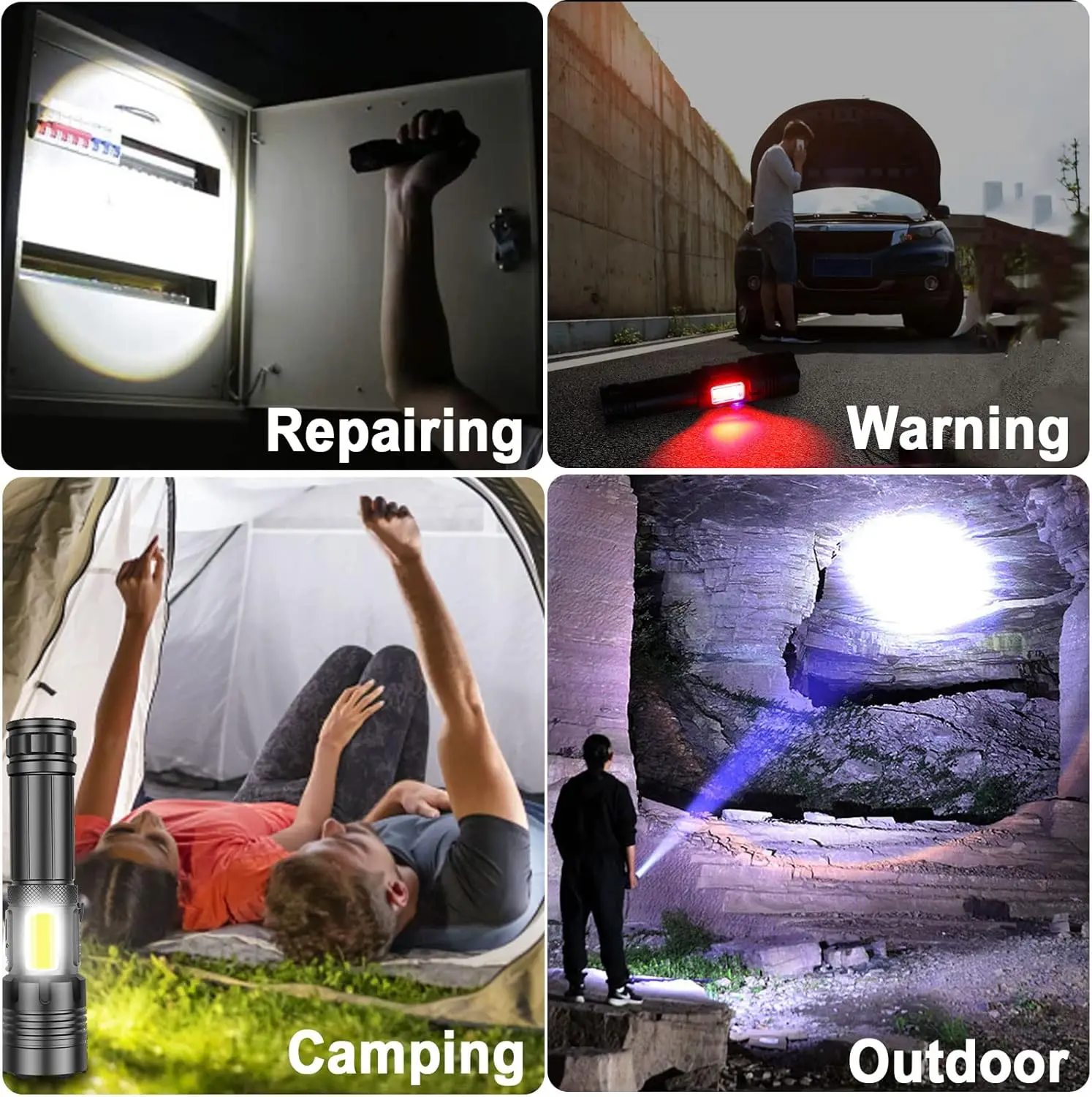 Super Bright Rechargeable Flashlight Adjustable Powerful Flash Light with 7 Modes & COB Light, Waterproof Handheld Flashlight