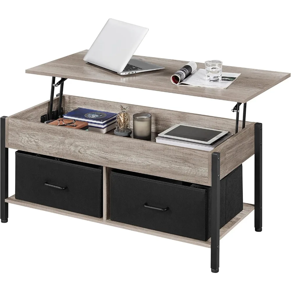 

Lift-top Coffee Table with 2 Fabric Baskets & Hidden Storage Compartment, Raisable Top Coffee Table Industrial Center Table wit