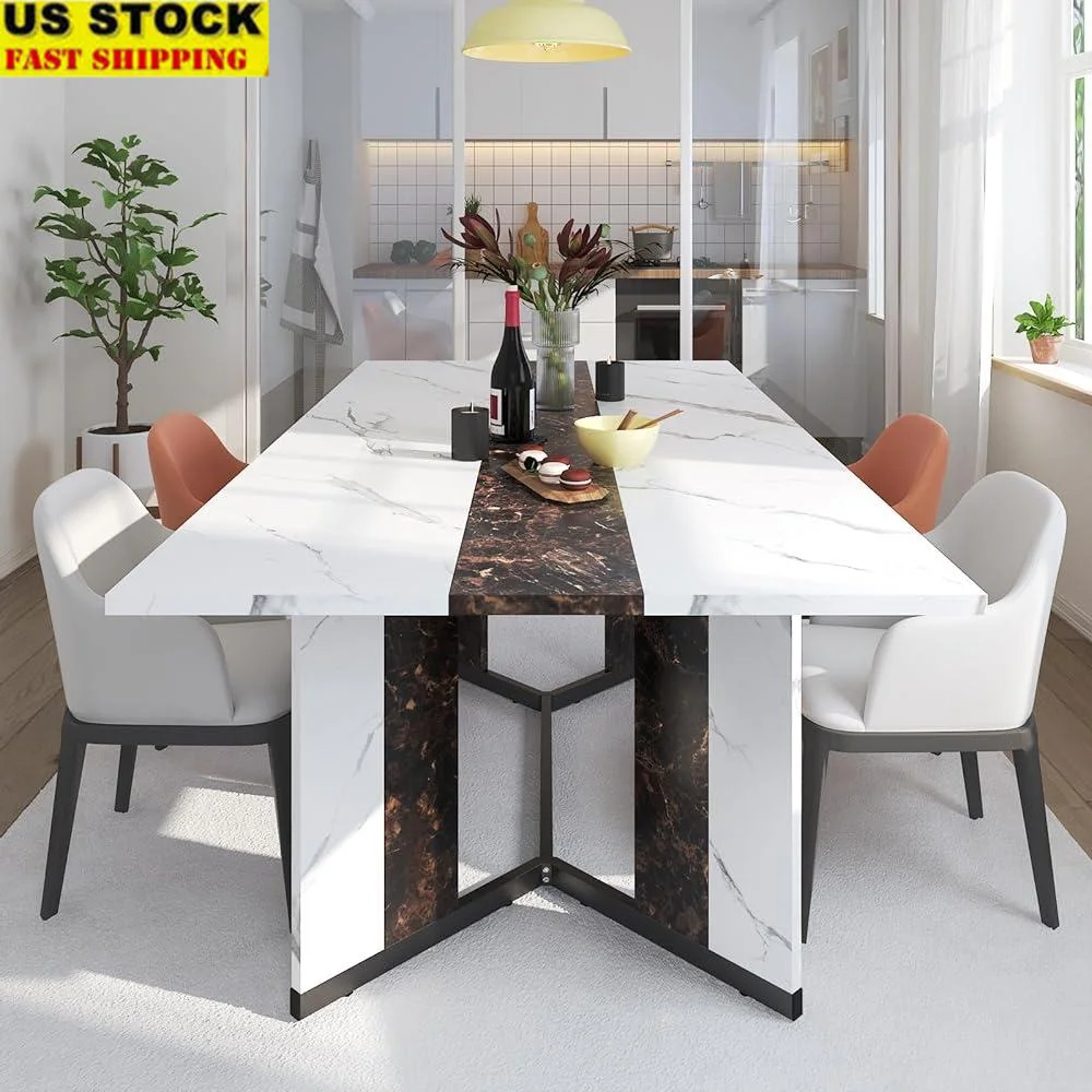 71 Inch Modern Rectangular Dining Table Waterproof Scratch-Resistant Top Adjustable V Legs 4-7 People Multifunctional Use