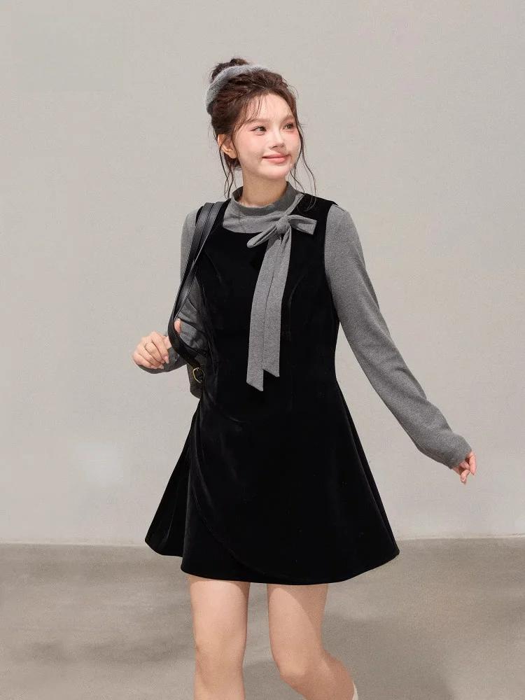 

Комплект из бархата больших размеров с бантом для пышных форм, с завышенной талией, облегающий, в корейском стиле, для повседневной носки, зимняя коллекция