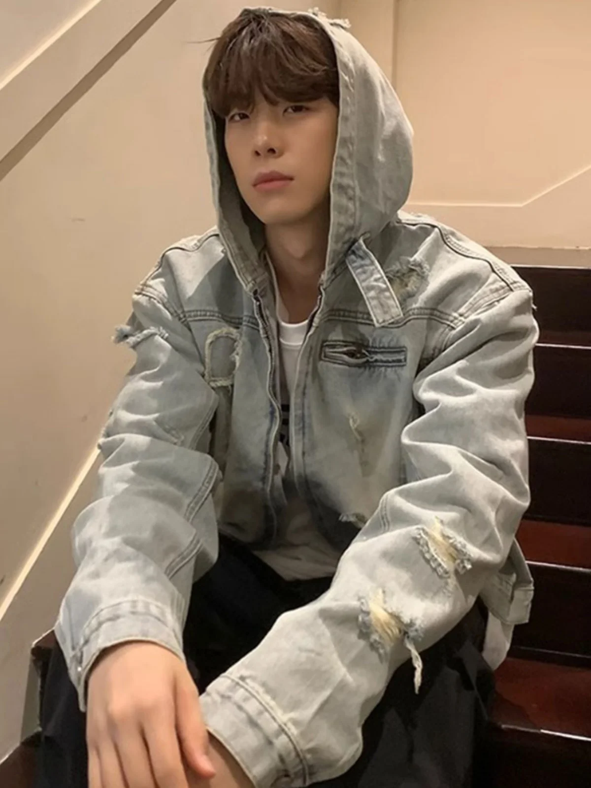 

Мужская джинсовая куртка в американском ретро-стиле с молнией и рваными элементами, модная, свободная, универсальная, для молодежи, весна-осень-зима