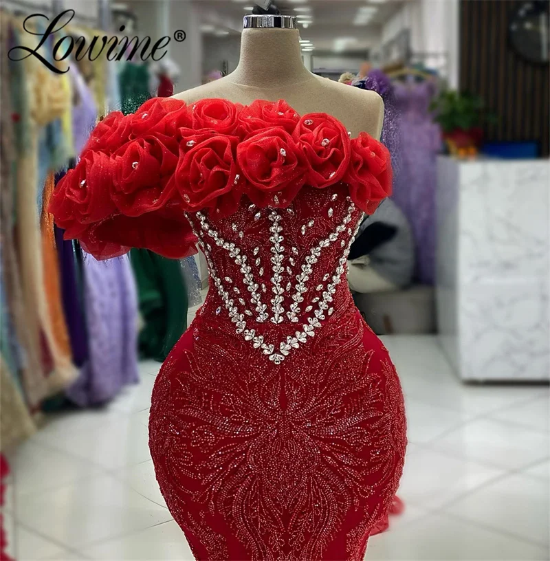 Amazing Handmade Flowers Arabic Party Dress Mermaid Long Prom Dress Sequins Crystal Evening Gowns Robe De Soiree Customized Robe