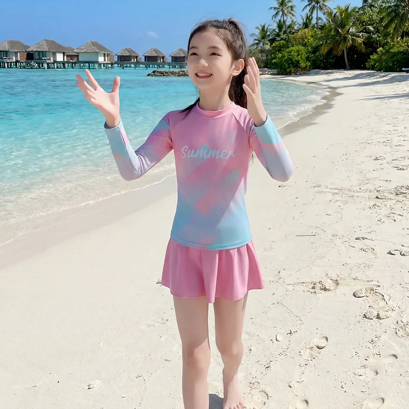 

Two Piece Swimsuit Girls Swim Dress with Bottom Long Sleeve Teenage Summer Child Modest Swimwear Children Sunscreen Surfing
