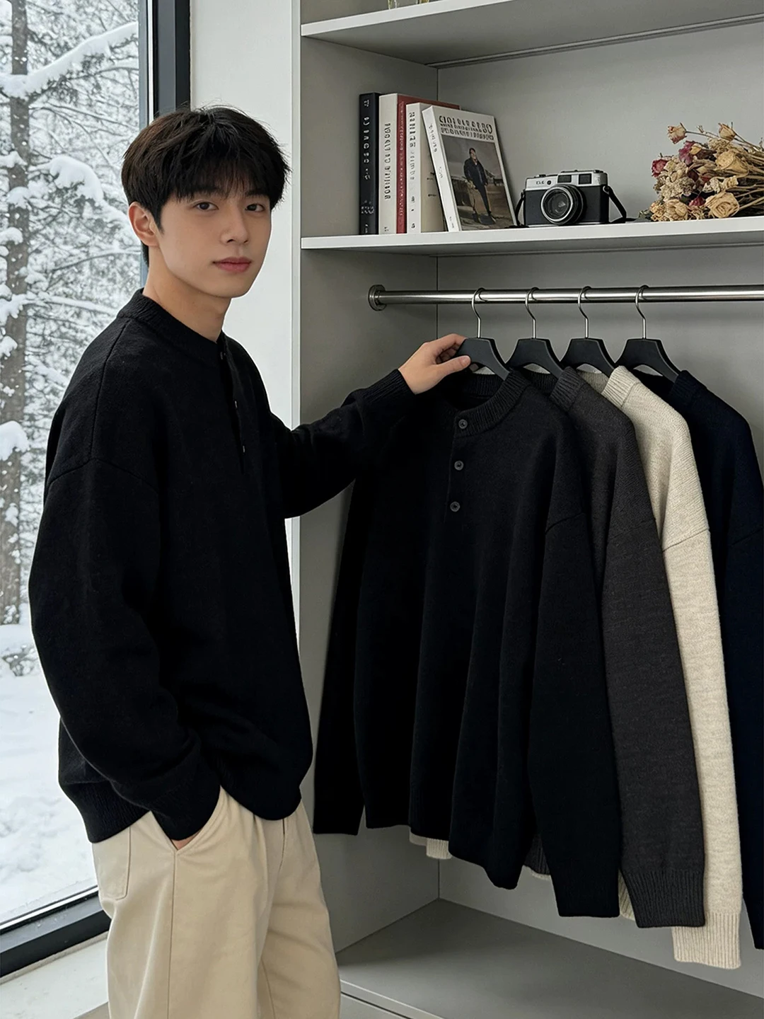 

Bla Henry Collar Men's Knitwear Winter American Retro Lazy Sle Inner Wear Base Layer irt Loose Fit Long Sve Top