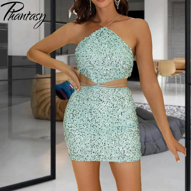 Vrouwen Effen Kleur Pailletten Jarretel Strakke Backless Korte Rok Backless Bodycon Sexy Party Club Elegante Vestidos Mujer