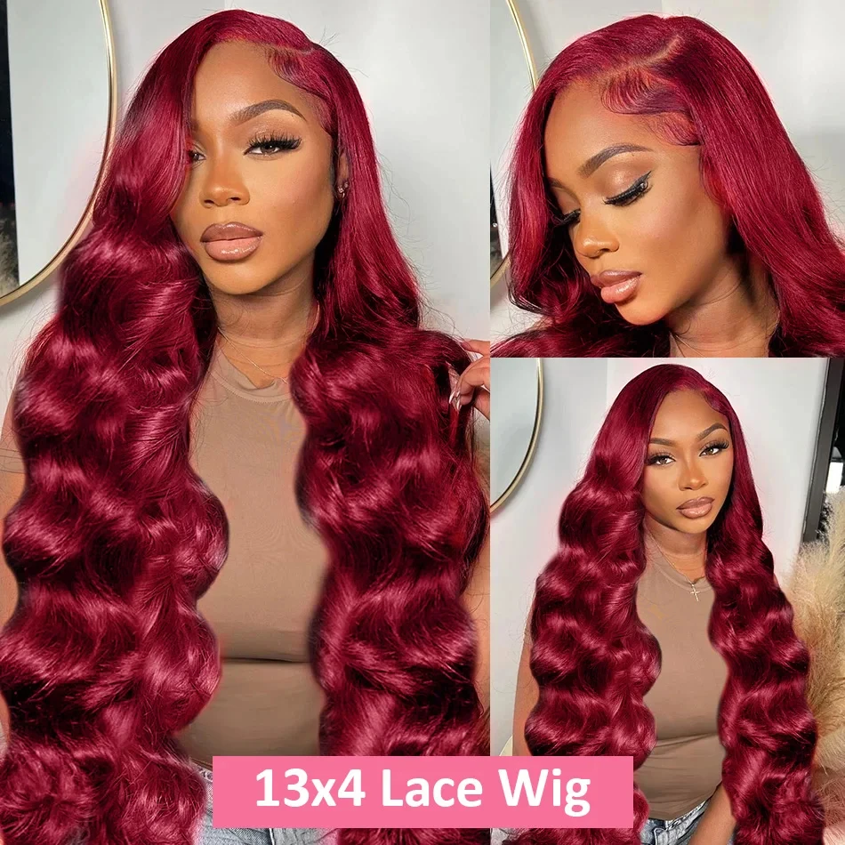 Perruque Lace Wig Body Wave Brésilienne Naturelle, Cheveux Humains, Pre-Plucked, Couleur Bordeaux, 13x6, 40 Pouces, pour Femme