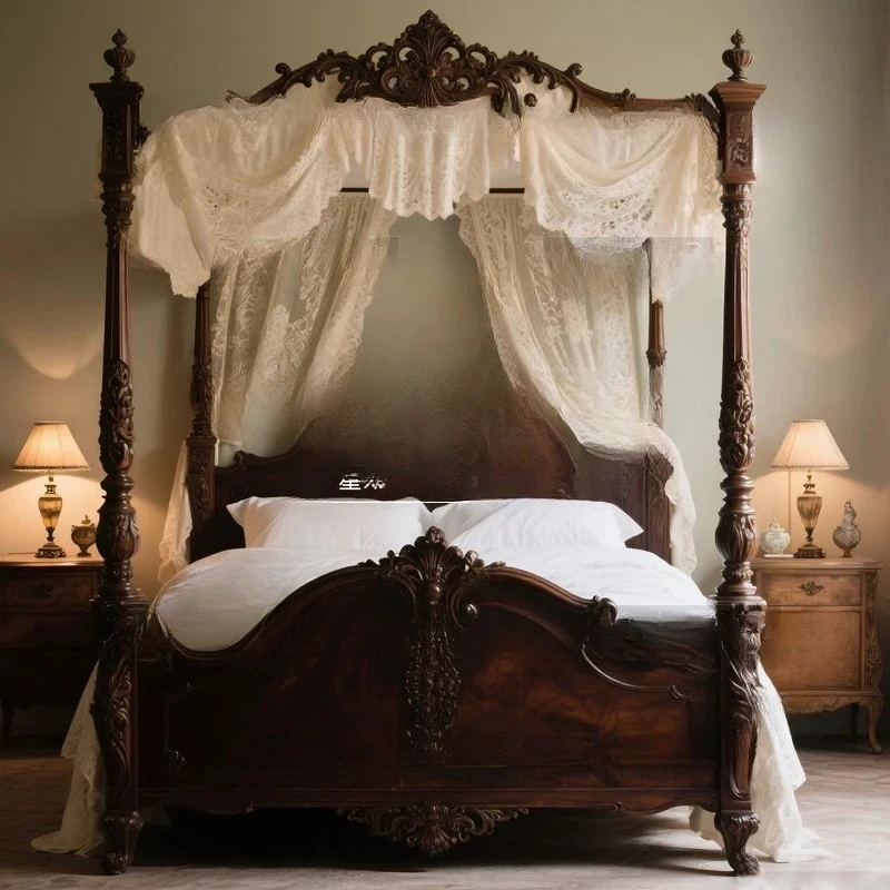 Hand carved solid wood bed Roman column four-poster double bed color