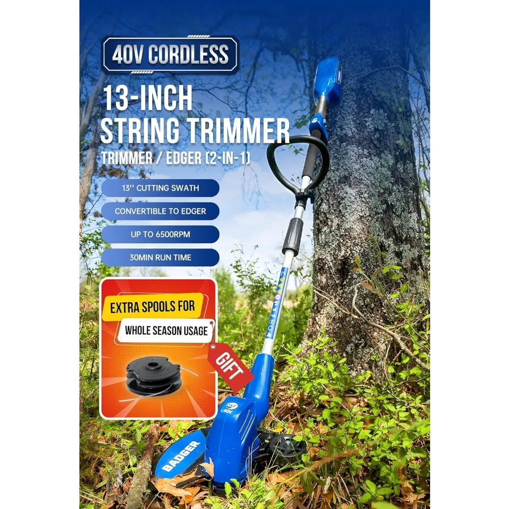 

40V 13'' Cordless 2 in 1 String Trimmer/Edger with Auto Feed, 2.0Ah Battery and Charger, 2 Pack Trimmer Line