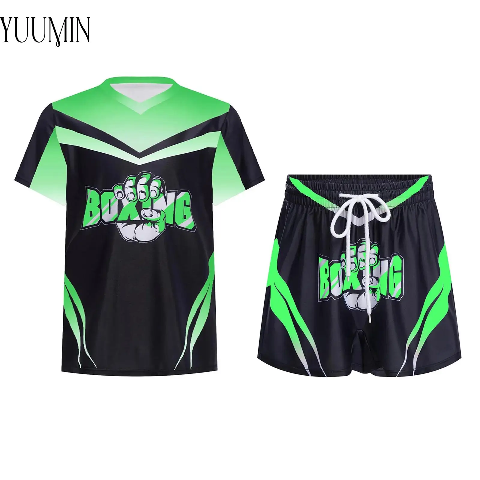 

Kids Quick-drying Boxing Training Outfit for Boys Color Block Boxer Costume Short Sleeve T-shirt with Shorts for Sports Workout