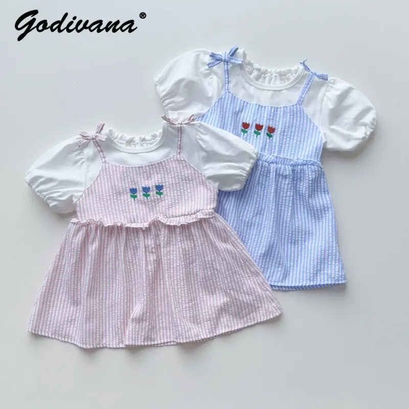 

Японская летняя футболка для девочек с коротким рукавом в полоску, детская, из чистого хлопка, с милым бантом, цветочной вышивкой, имитация двухслойного топа на бретельках