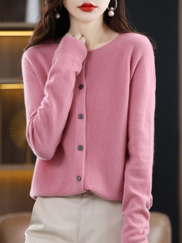 2024 Spring  Autumn Fashion 100% Wool Sweater Women\'s O-neck Cardigan Long-sleeved  Knitted solid color soft  clothing