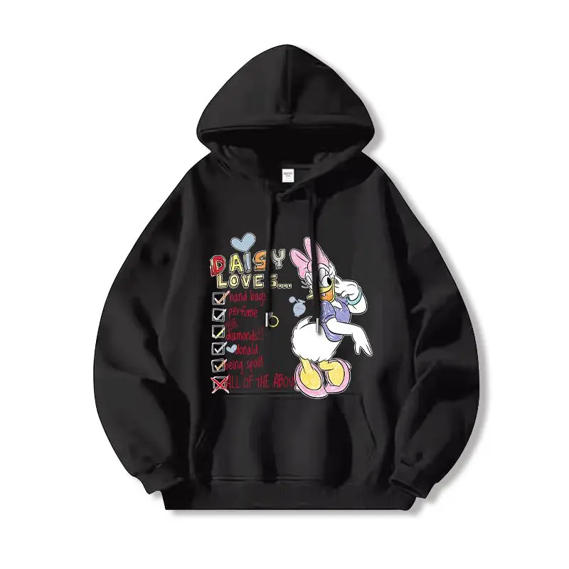 

Disney Daisy Duck Hoodie Women Cotton Fleece Pullover 2025 Spring Autumn Graphic Sweatshirt Black Base Daisy Character