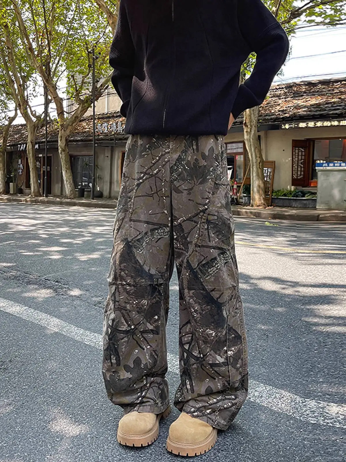 

Man Jeans 2026 Spring Street Style Cargo Denim Pants Men's Camo Branch Print Loose Straight Leg Unique Trousers