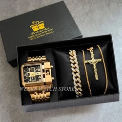 Luxury Men Watch Chronograph Gold Watches Cool Time Zone Stainless Steel Big Dial Male Golden Wristwatch Clock Relogio Masculino