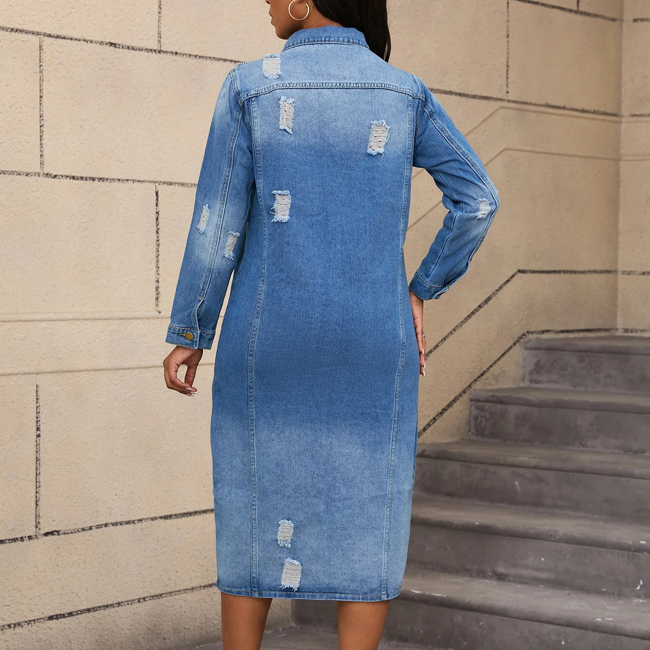 Trench da donna in denim stile buco monopetto al ginocchio stile giacca di jeans con design sfumato rovesciato soprabito blu