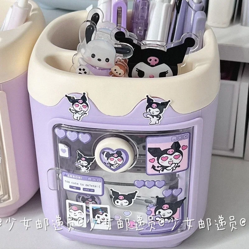 Sanrio Kawaii Kuromi Pen Holder Desktop My Melody Cinnamoroll Diy Sticker Storage Box Makeup Brush Storage Tube Pen Holder Gift