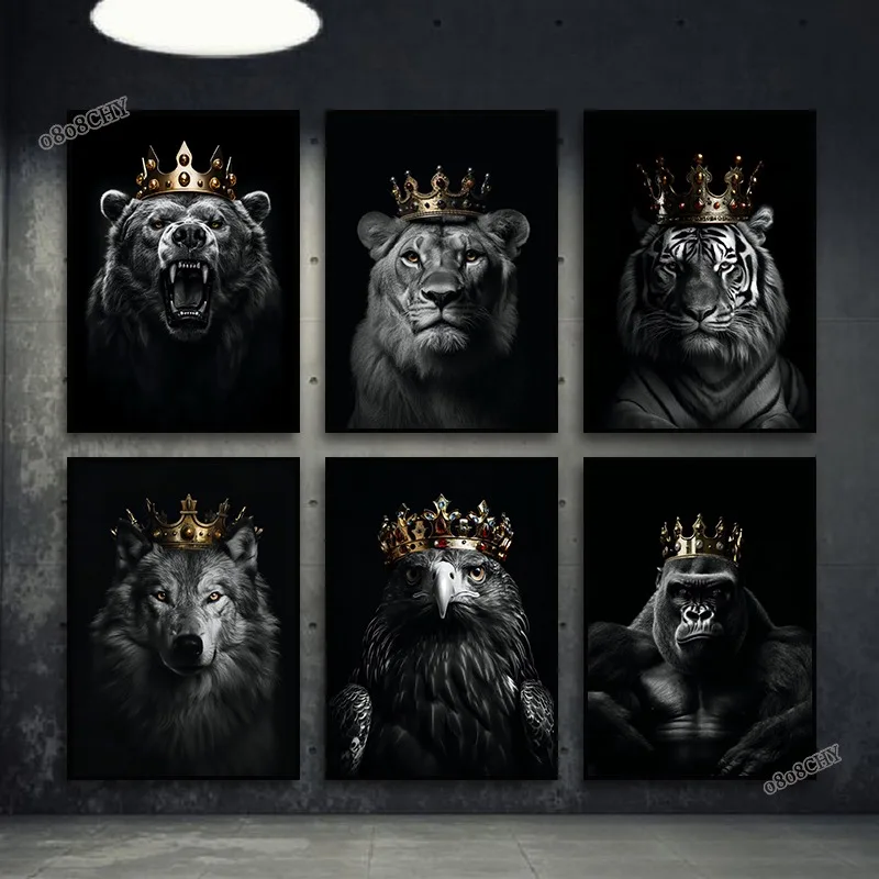 Schwarz Weiß Tier Königreich Poster Leinwand Druck Wand Kunst Malerei Wilden Löwe Tiger Adler Bär mit Gold Krone Wandbild Home Decor