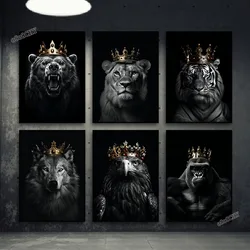 Black White Animal Kingdom Posters Canvas Print Wall Art Painting Wild Lion Tiger Eagle Bear with Gold Crown Mural Home Decor