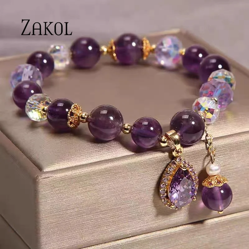 ZAKOL Retro Ethnic Style Drop Shaped Inlaid Purple Crystal Beaded Bracelet For Women Evening Fashion Exquisite Hand Jewelry