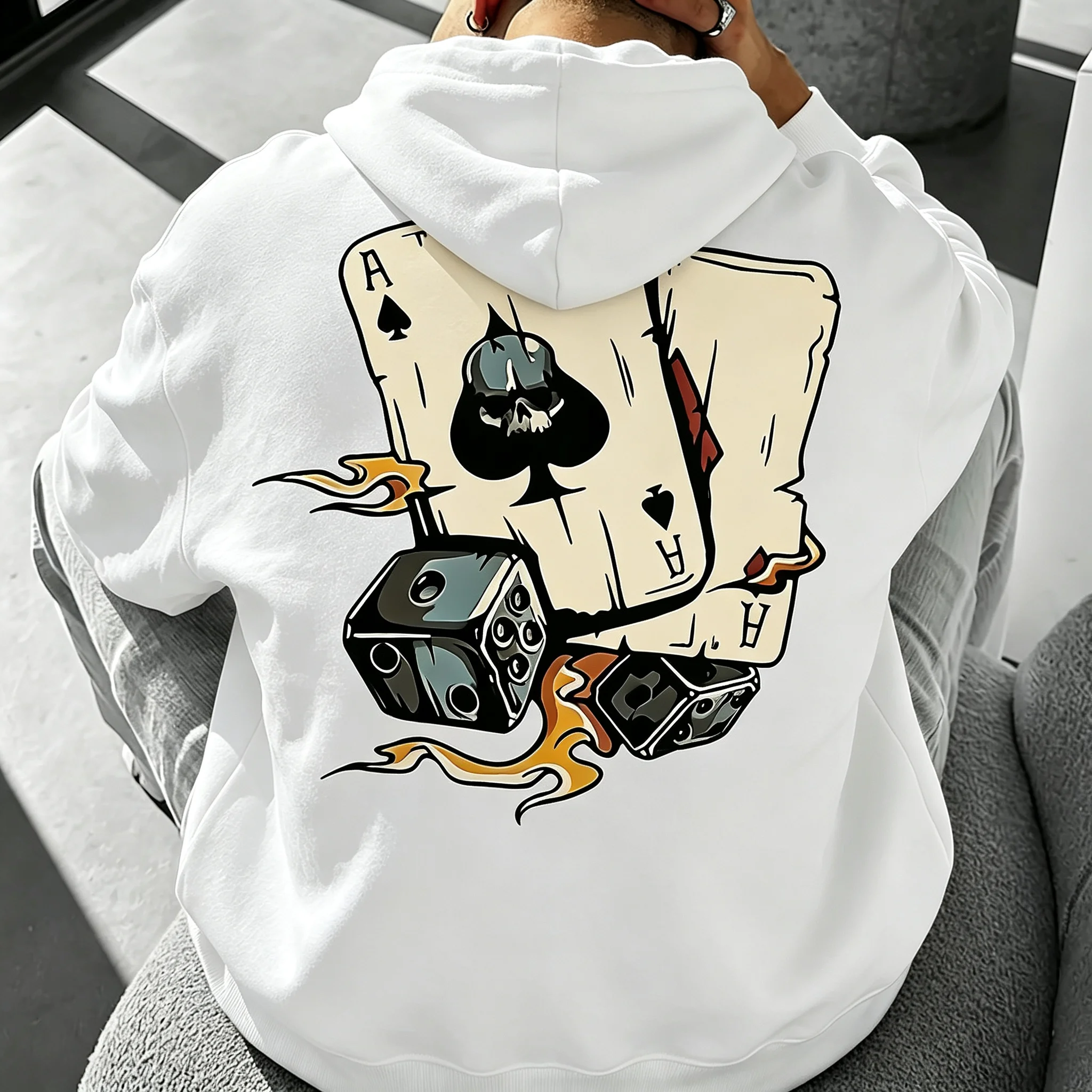 Men's fall/winter pullover with stylish printed pattern, casual and relaxed, comfortable, hooded, streetwear style sweatshirt