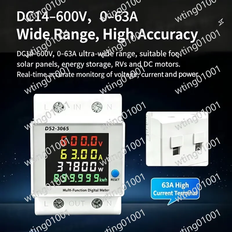 35mm 63A DC Din Rail Multifunctional Power Meter Photovoltaic Digital Display Voltmeter Ammeter for Solar Energy Monitoring