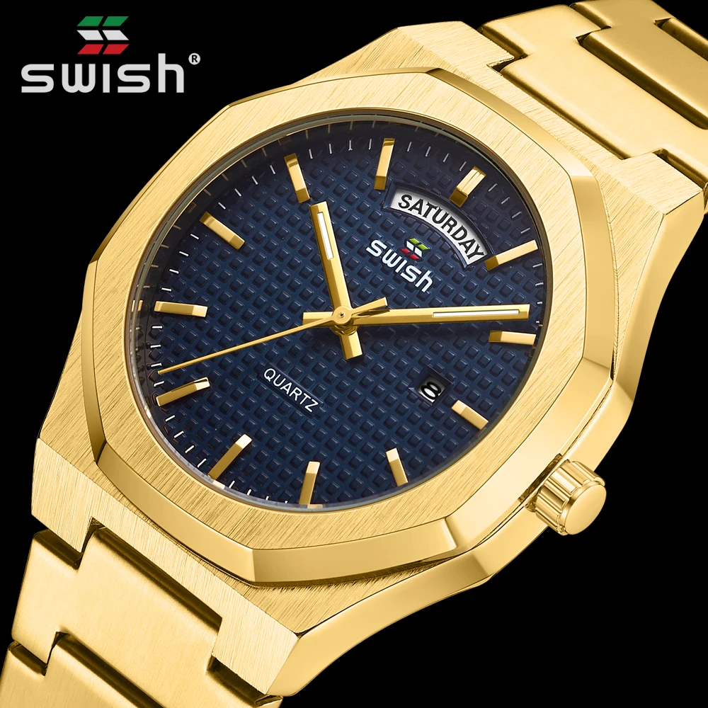 Swish Top Brand Designer Luxury Wristwatches Men Fashion Stainless Steel Quartz Watches With Day And Date Waterproof Sports