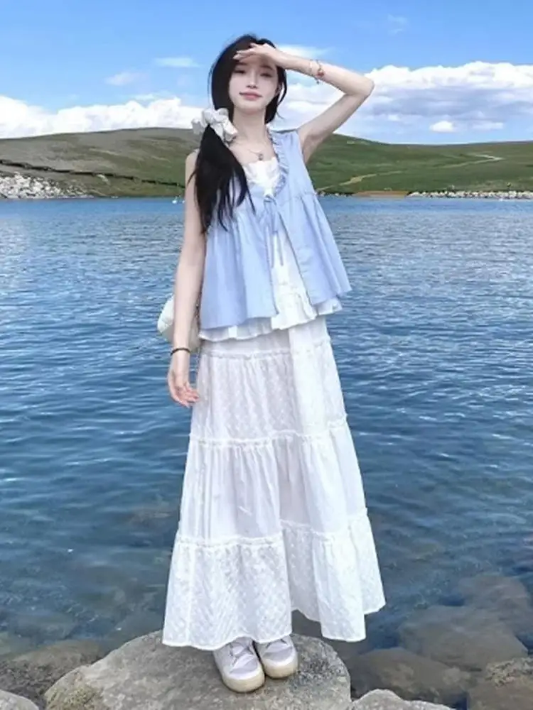 Sommer Baby Licht Milch Blau Puppe irt Frauen Design Sinn Gefälschte Zwei-Stück Holz Süße Sle Svel Bluse