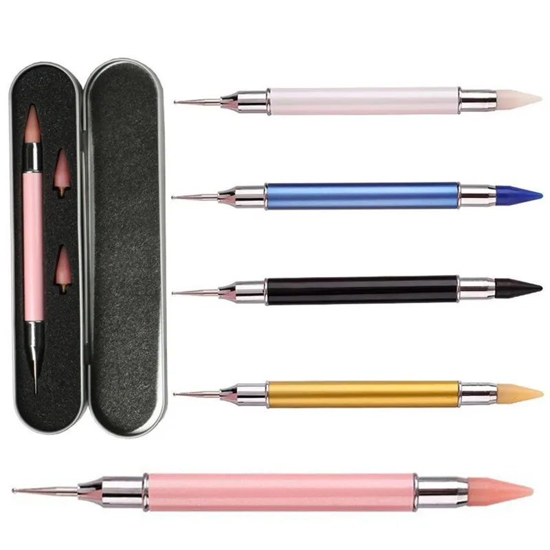 Dual-ended Nail Art Dotting Pen Set With 2 Replaced Heads Rhinestone Beads Studs Picker Wax Pencil Brush Nails Art Tools