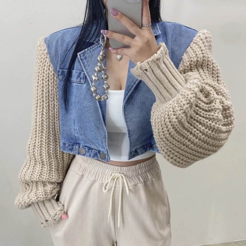 

Korean Spring Autumn Vintage Style Denim Splicing Knitted Coat Women Turn-down Collar Long Sleeve Versatile Short Denim Jacket