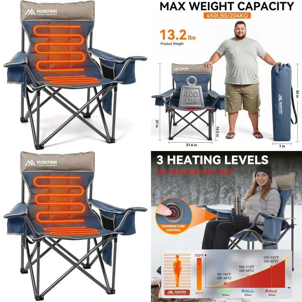 

Extra Wide Heavy-Duty Heated Camp Chair for Adults, Supports 450 lbs, with Cup Holder, Cooler, and Side Pocket