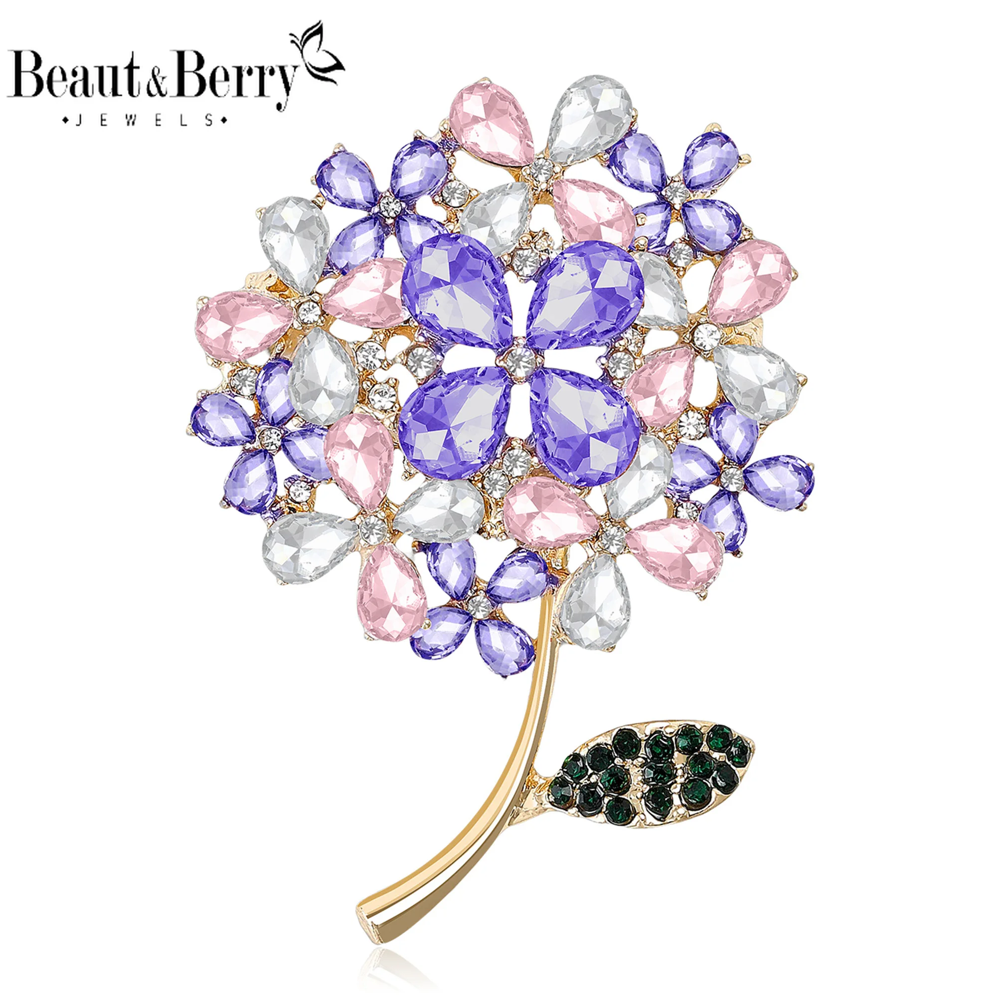 Beaut & Berry Broches clássicos de hortênsia com strass para mulheres, alfinetes de plantas, presentes para festa de amigos, acessórios de joias para banquetes