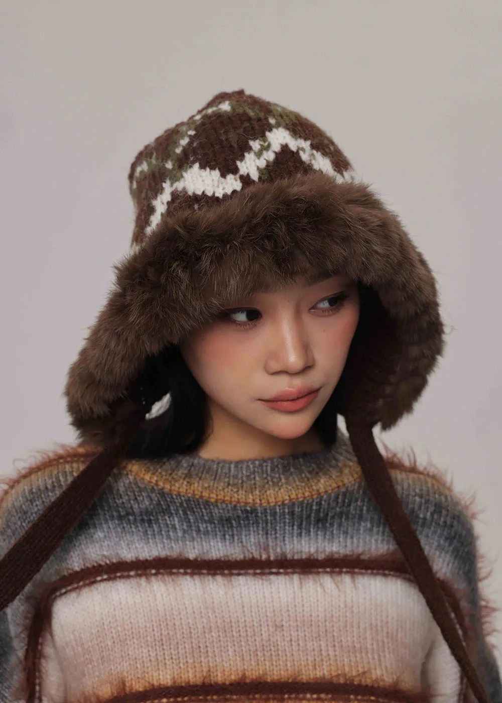 2024 أرنب الفراء الشتاء بالاكلافا القبعات للرجال والنساء للجنسين محبوك مقنعين قبعات في الهواء الطلق دفئا الرباط القبعات بيني قبعة #2