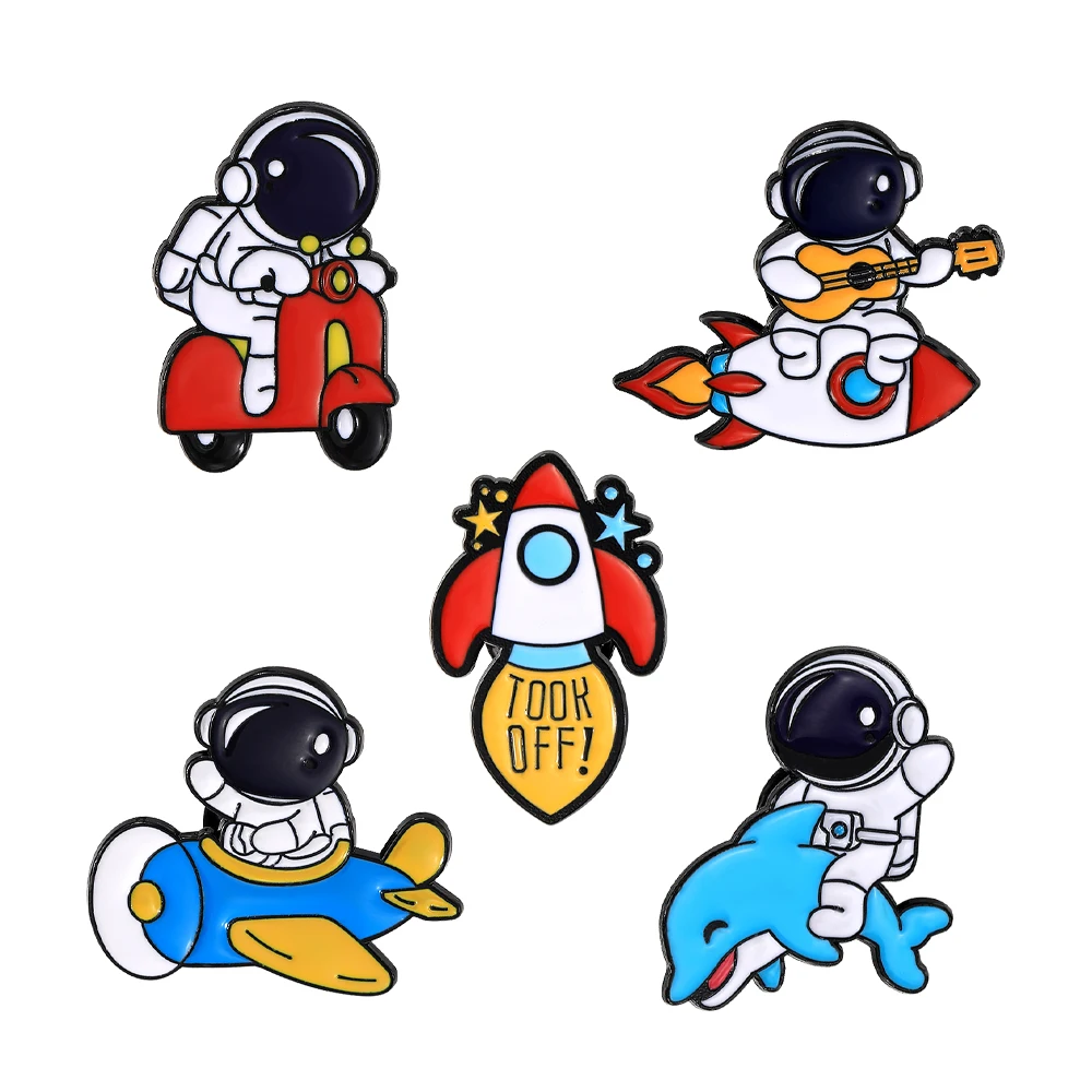 5Pcs Creative Astronaut Drive Plane Dolphin Electric Bicycle Pins Rocket Took Off Guitar Cosmonaut Enamel Brooches