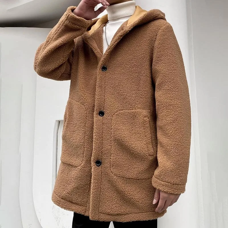 Trade menswear coatLarge Pocket Hooded Solid Color Woolen Coat Men's Autumn and Winter Button Coat