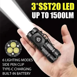 Mini strong Light Flashlight LED Super Bright Torch Type-C Rechargeable Portable Home Camping Light Waterproof with CAP CLIP
