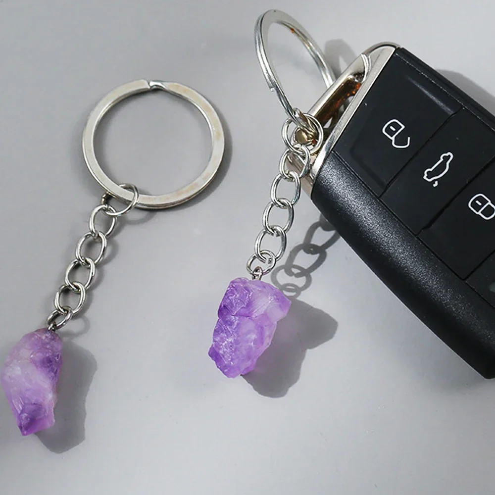 Natural Amethyst Flower Keychains Crystal Healing Stone Keychain Irregular Rough Quartz Reiki Healing Gemstone Dangle Pendant