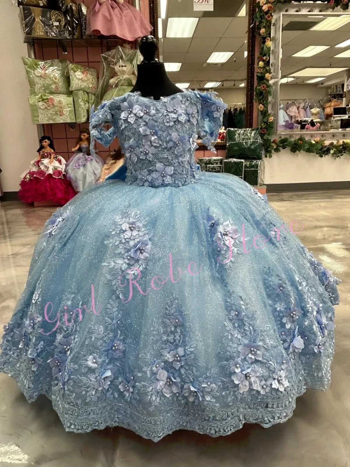 Luxury Sky Blue Flower Girl Dress For Wedding Appliques 3D Floral Off Shoulder Kids Evening Banquet Birthday Gown Customized
