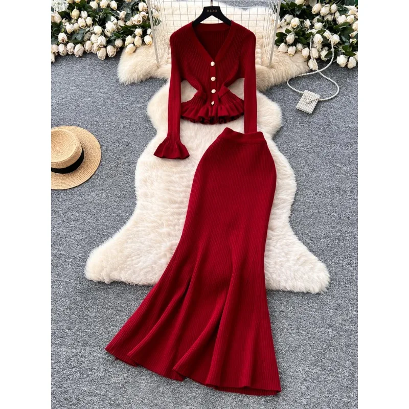 

Elegant Skirts Suit Women's Autumn Horn Sleeve Knitted Cardigan Tops High Waist Fishtail Half-length Skirts for Women Two-piece