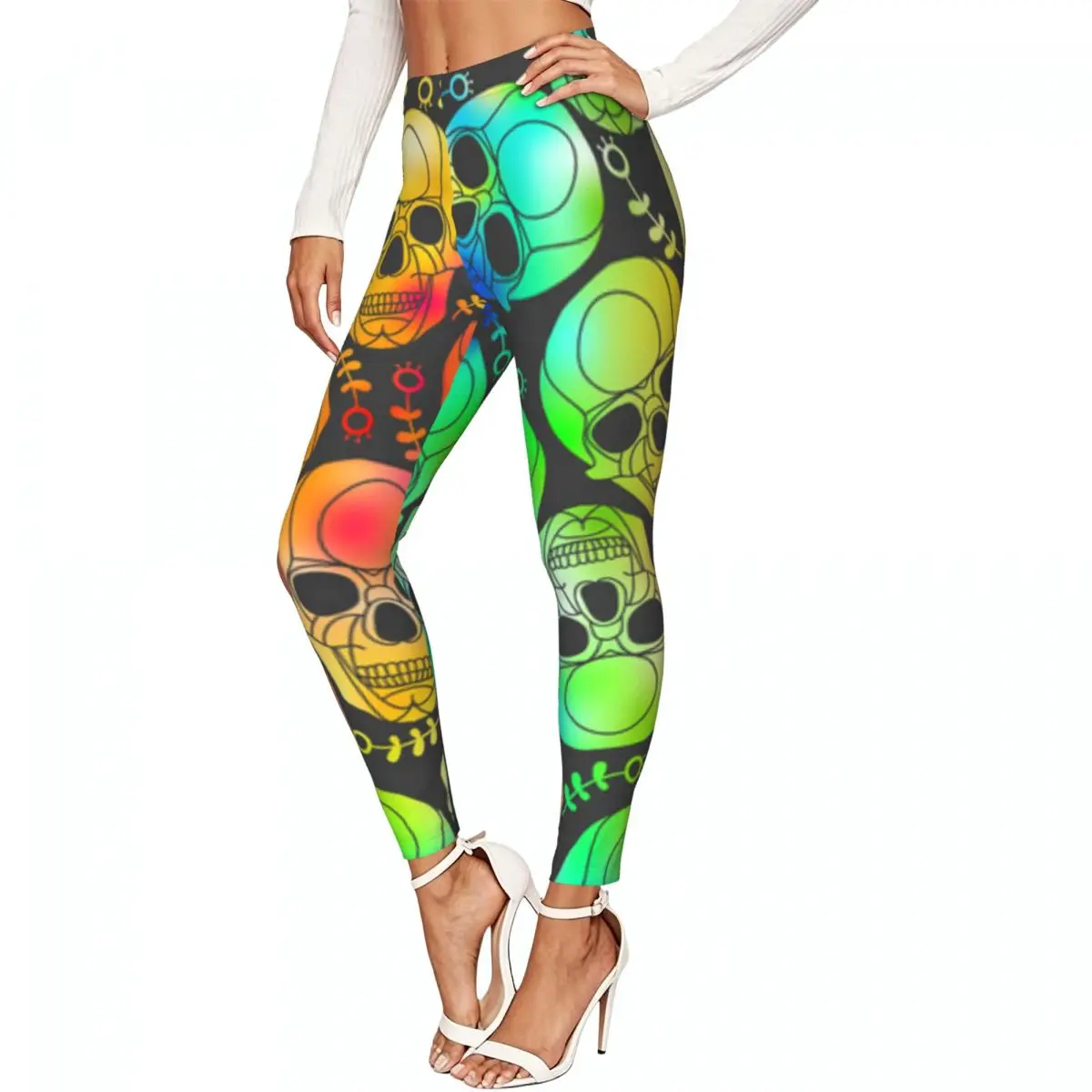 Rainbow Flowers And Skull Women Leggings High Waisted Stretch Tights Workout Running Pants