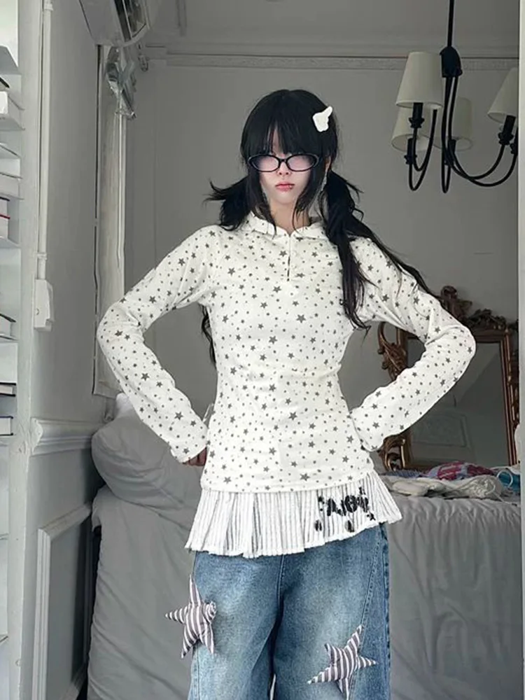 

American Stars Print T Shirts Women Vintage Harajuku Long Sleeve Y2K Tees Spring Fall Female Retro Slim Streetwear Hooded Tops